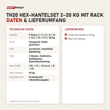 Technische Daten und Lieferumfang von Titanium Strength TH20 Hex-Hantelset 2–20 kg mit Rack als Tabelle