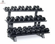 Titanium Strength TH30 Hex-Hantelset 2–30 kg mit Rack – Schrägansicht des dreistöckigen Racks, voll bestückt mit Hex-Hanteln
