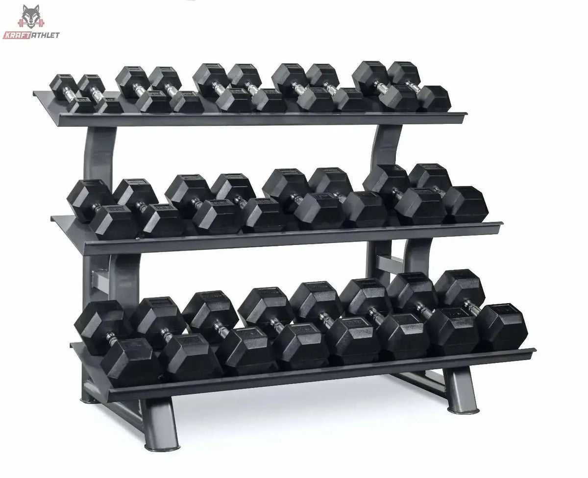 Titanium Strength TH30 Hex-Hantelset 2–30 kg mit Rack – Schrägansicht des dreistöckigen Racks, voll bestückt mit Hex-Hanteln