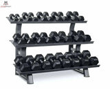Titanium Strength TH30 Hex-Hantelset 2–30 kg mit Rack – Schrägansicht des dreistöckigen Racks, voll bestückt mit Hex-Hanteln