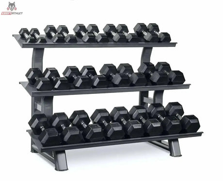 Titanium Strength TH30 Hex-Hantelset 2–30 kg mit Rack – Schrägansicht des dreistöckigen Racks, voll bestückt mit Hex-Hanteln