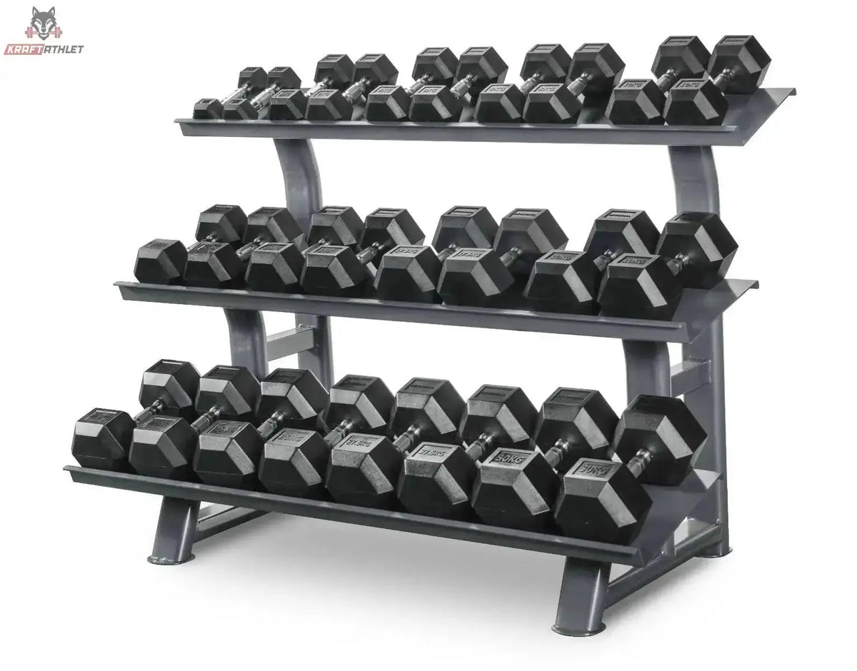 Titanium Strength TH30 Hex-Hantelset 2–30 kg mit Rack – Frontansicht des dreistöckigen Racks mit Hantelpaaren