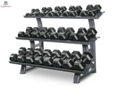 Titanium Strength TH30 Hex-Hantelset 2–30 kg mit Rack – Frontansicht des dreistöckigen Racks mit Hantelpaaren