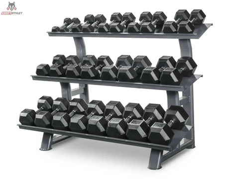 Titanium Strength TH30 Hex-Hantelset 2–30 kg mit Rack – Frontansicht des dreistöckigen Racks mit Hantelpaaren
