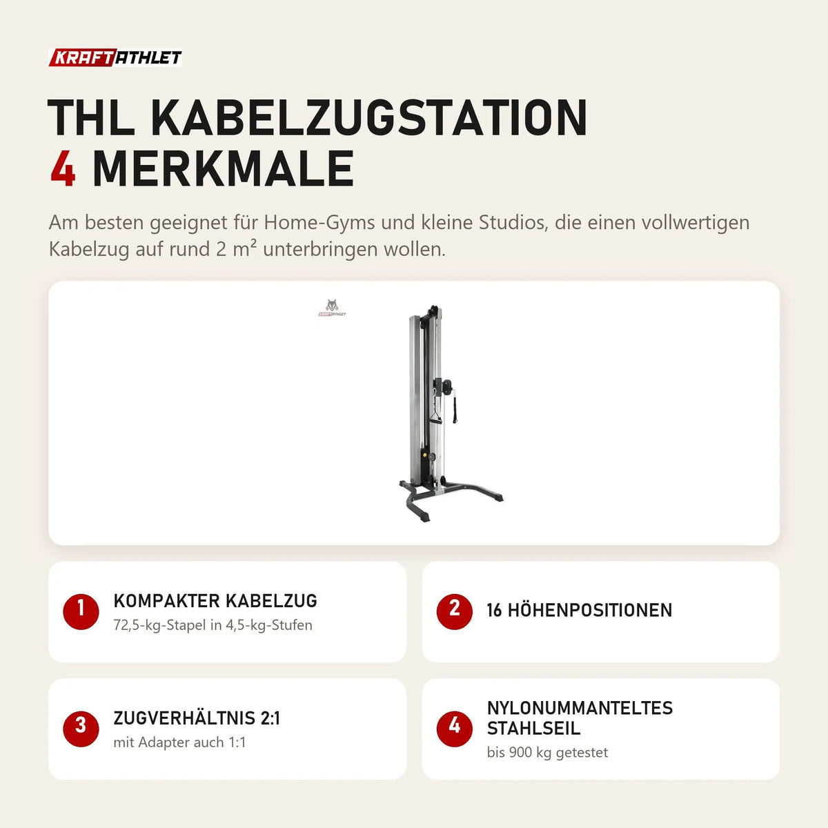 Titanium Strength THL Kabelzugstation mit 4 Merkmalen: Kompakter Kabelzug, 16 Höhenpositionen, Zugverhältnis 2:1, Nylonummanteltes Stahlseil