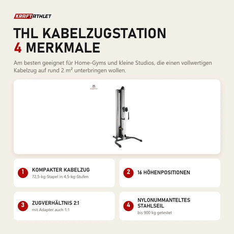 Titanium Strength THL Kabelzugstation mit 4 Merkmalen: Kompakter Kabelzug, 16 Höhenpositionen, Zugverhältnis 2:1, Nylonummanteltes Stahlseil