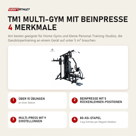 Titanium Strength TM1 Multi-Gym mit Beinpresse mit 4 Merkmalen: Über 15 Übungen, Beinpresse mit 5 Rückenlehnen-Positionen, Multi-Press mit 9 Einstellungen, 80-kg-Stapel