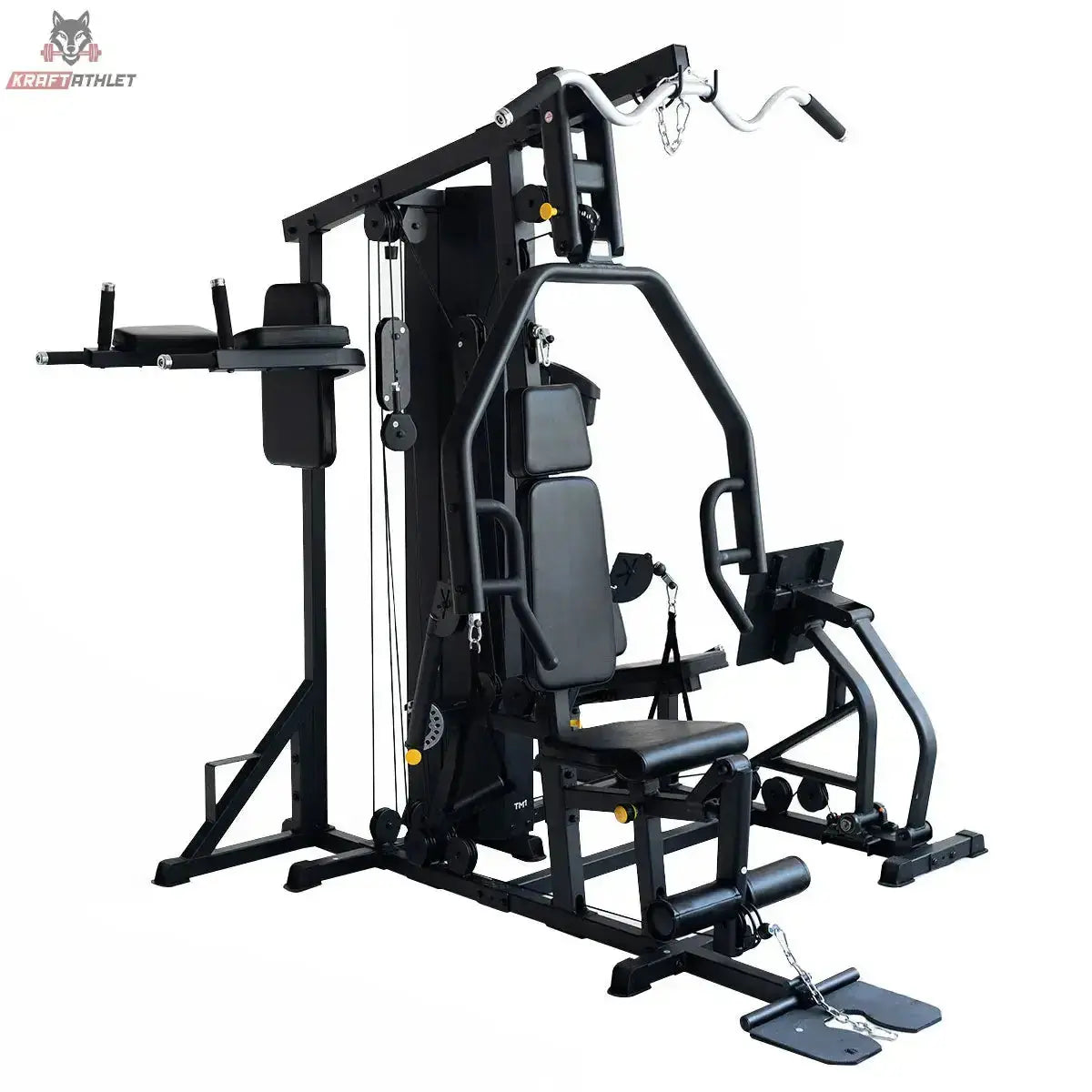 Titanium Strength TM1 Multi-Gym mit Beinpresse in Schrägansicht mit Dipstation, Beinpresse und Latzug
