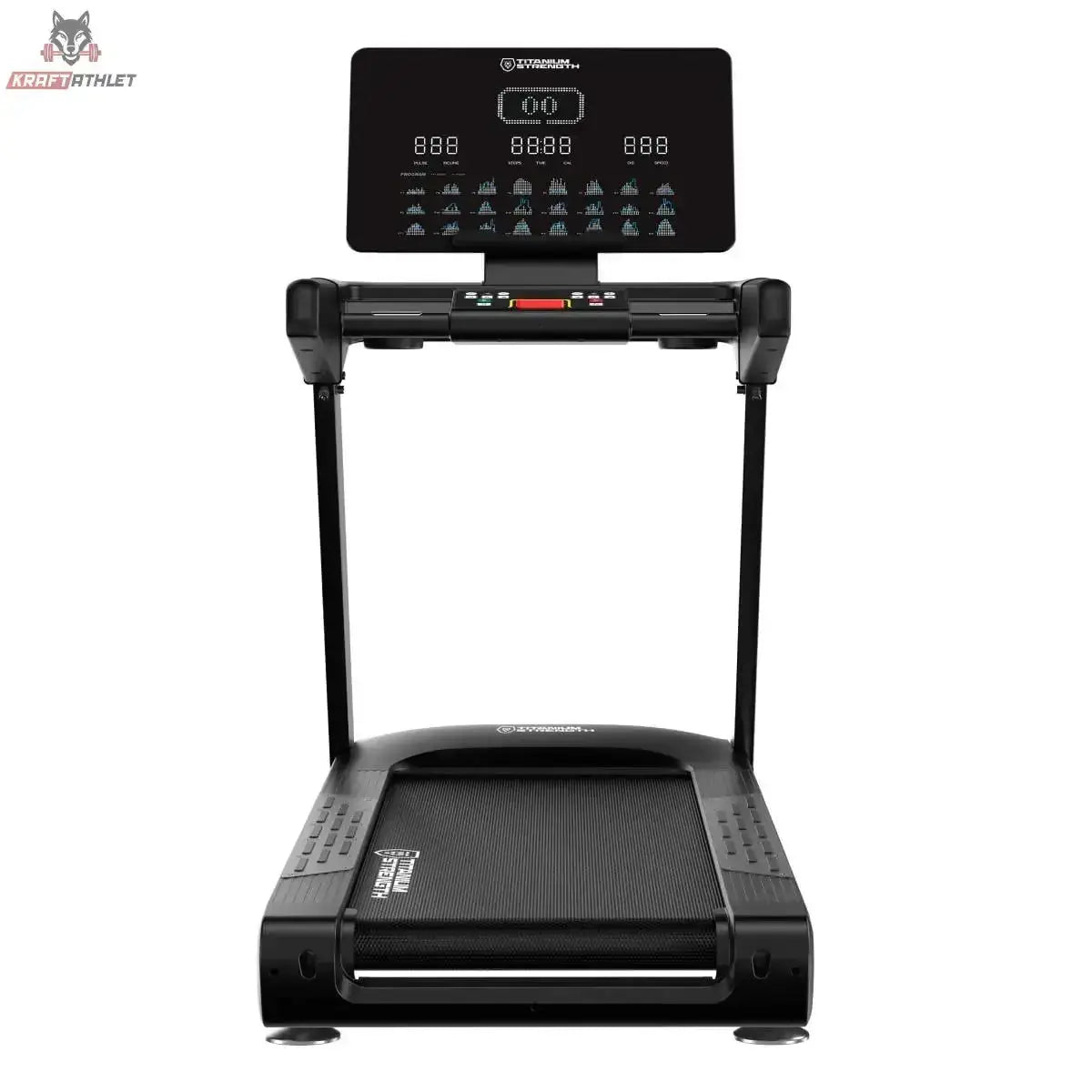 Titanium Strength TM1150 LED Laufband Pro Series in Schwarz, Frontansicht mit Konsole und Handläufen