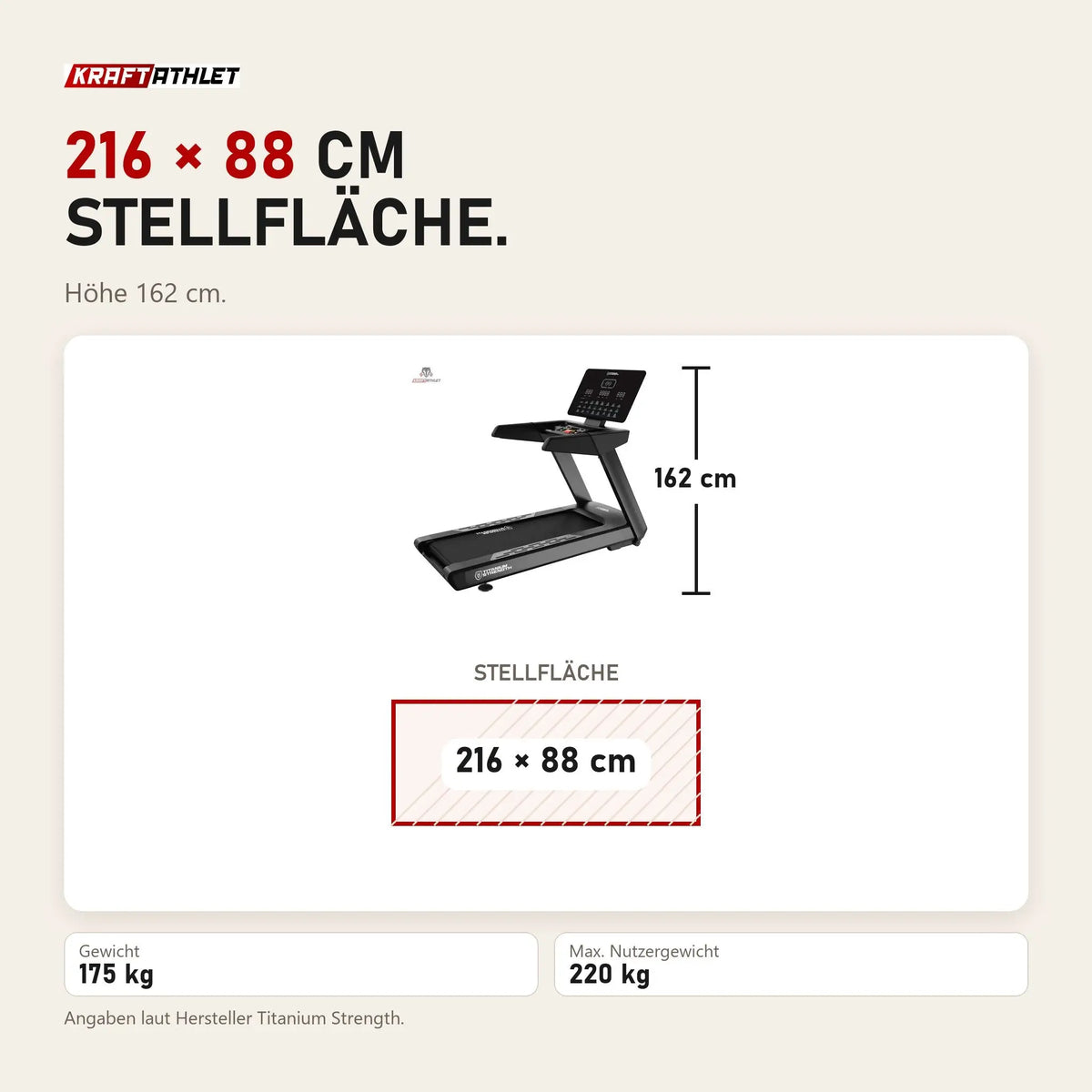Maßbild Titanium Strength TM1150 LED Laufband Pro Series: Stellfläche 216 × 88 cm, Höhe 162 cm