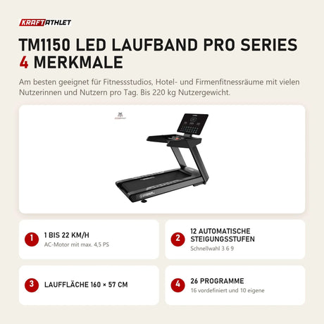 Titanium Strength TM1150 LED Laufband Pro Series mit 4 Merkmalen: 1 bis 22 km/h, 12 automatische Steigungsstufen, Lauffläche 160 × 57 cm, 26 Programme