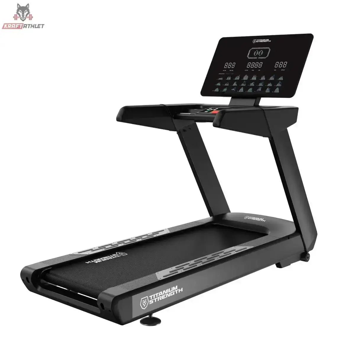 Titanium Strength TM1150 LED Laufband Pro Series in Schwarz, Schrägansicht von links mit Lauffläche