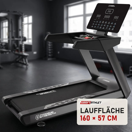 Titanium Strength TM1150 LED Laufband Pro Series in einem fertig eingerichteten Studio mit dunklen Wänden und Gummiboden