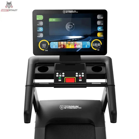 Titanium Strength TM1150T Laufband Pro Series, Detail des Cockpits mit Touchscreen, Ablagen und Bedienfeld