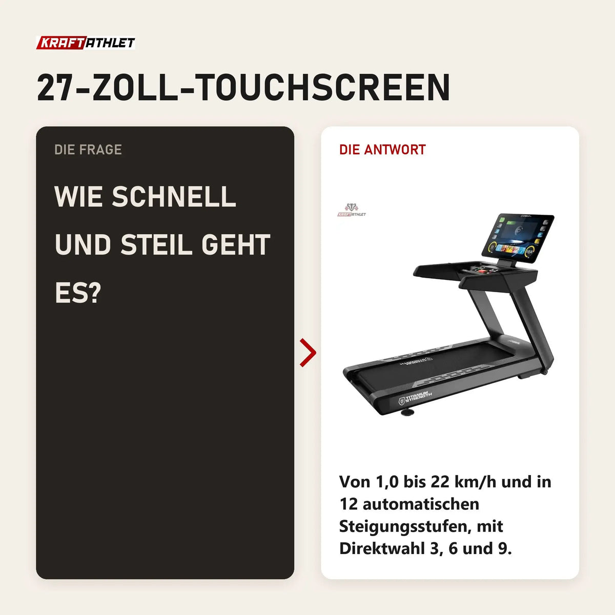 Frage und Antwort zu Titanium Strength TM1150T Laufband Pro Series: Wie schnell und steil geht es?
