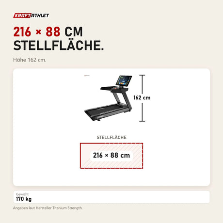 Maßbild Titanium Strength TM1150T Laufband Pro Series: Stellfläche 216 × 88 cm, Höhe 162 cm