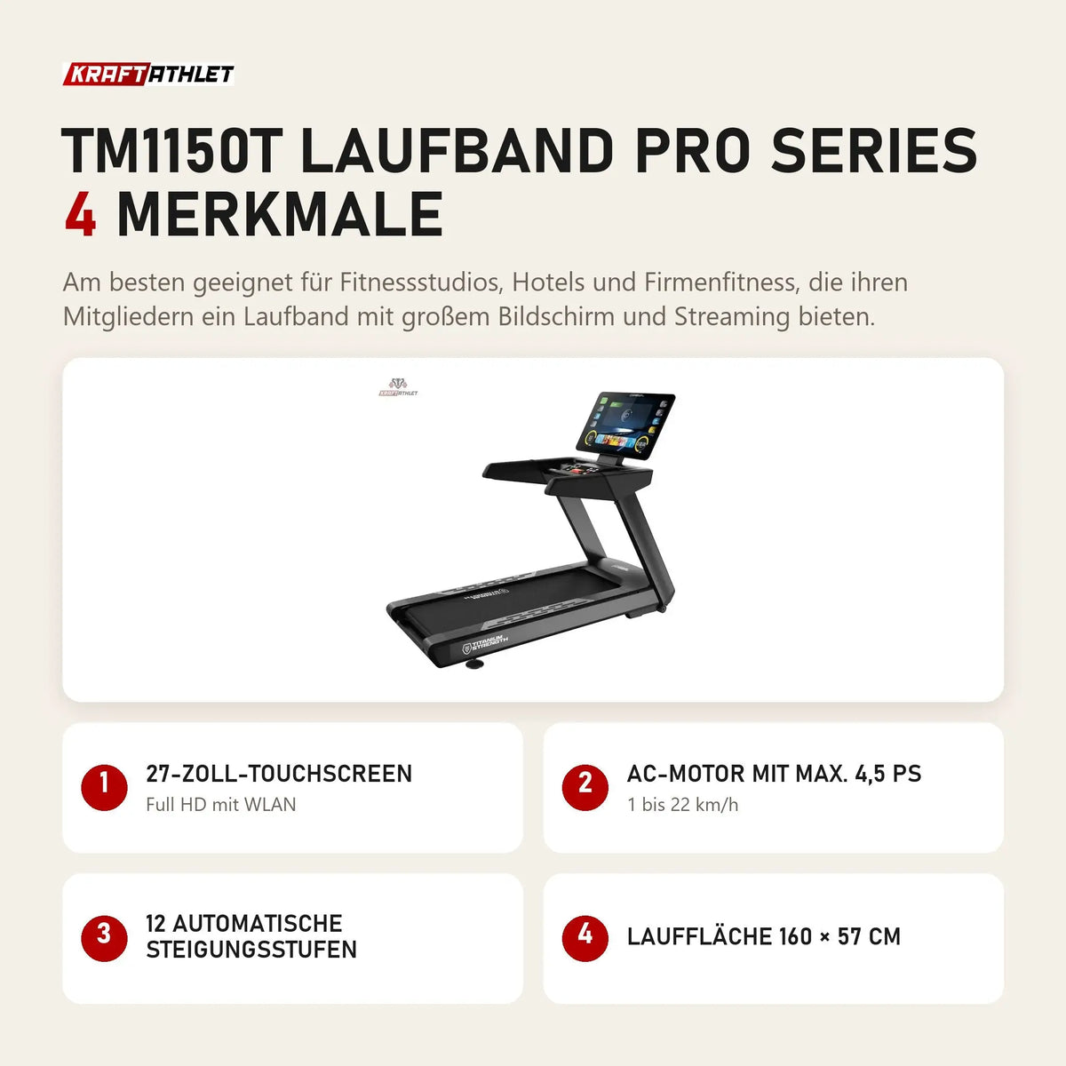 Titanium Strength TM1150T Laufband Pro Series mit 4 Merkmalen: 27-Zoll-Touchscreen, AC-Motor mit max. 4,5 PS, 12 automatische Steigungsstufen, Lauffläche 160 × 57 cm