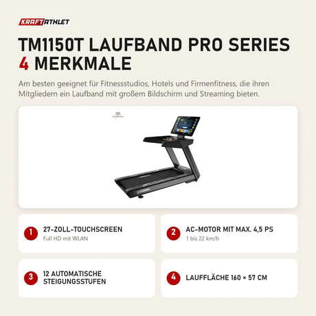 Titanium Strength TM1150T Laufband Pro Series mit 4 Merkmalen: 27-Zoll-Touchscreen, AC-Motor mit max. 4,5 PS, 12 automatische Steigungsstufen, Lauffläche 160 × 57 cm