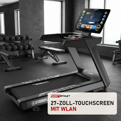 Titanium Strength TM1150T Laufband Pro Series in einem fertig eingerichteten Studio mit dunklen Wänden und Gummiboden