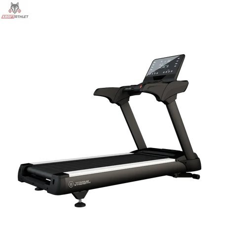 Titanium Strength TM2000 Laufband Pro Series in Schwarz, Schrägansicht mit Display vor dunklem Hintergrund
