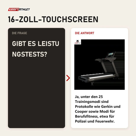 Frage und Antwort zu Titanium Strength TM2000T Laufband mit 16-Zoll-Touchscreen: Gibt es Leistungstests?