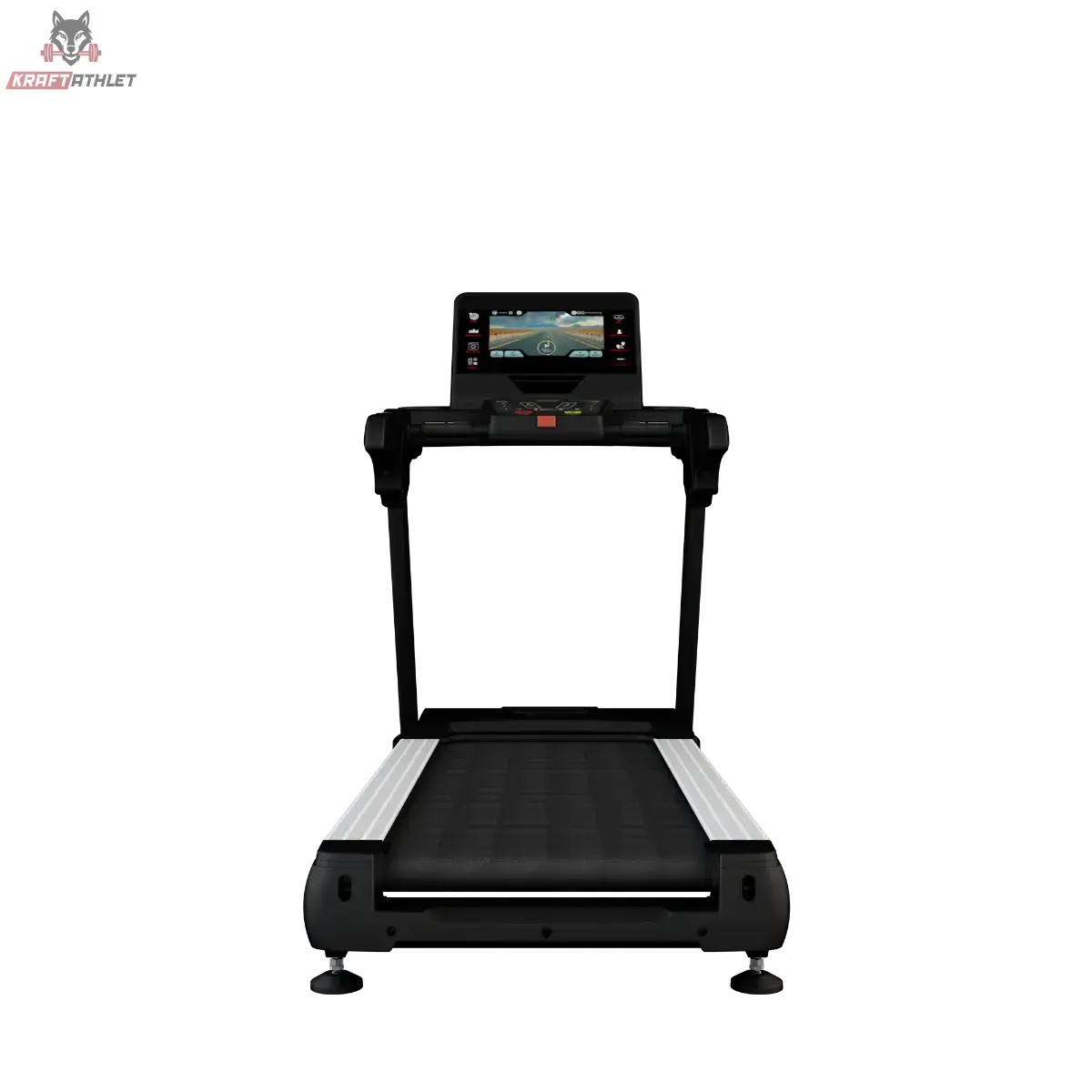 Titanium Strength TM2000T Laufband mit 16-Zoll-Touchscreen in Schwarz, Frontansicht mit Display und Lauffläche