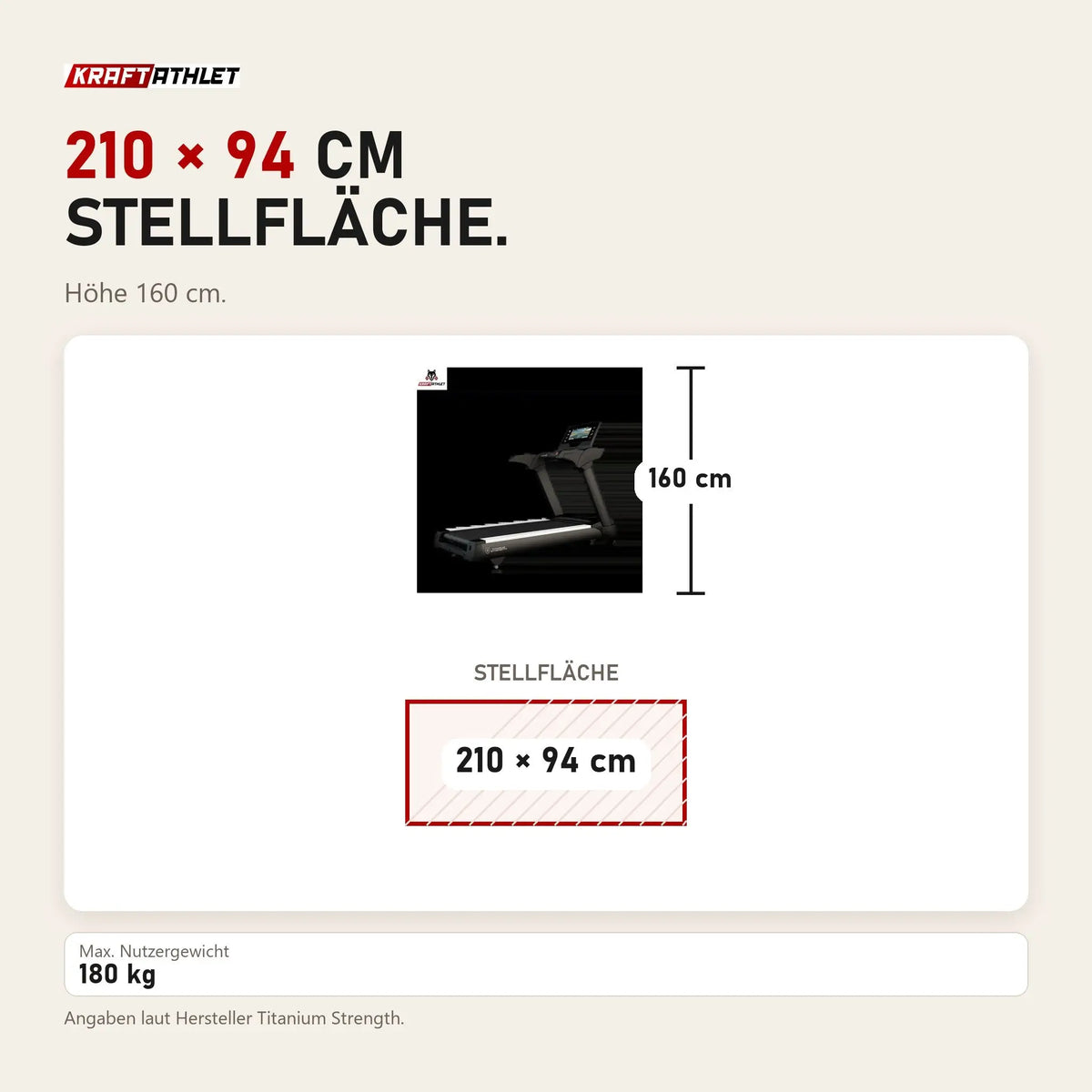 Maßbild Titanium Strength TM2000T Laufband mit 16-Zoll-Touchscreen: Stellfläche 210 × 94 cm, Höhe 160 cm