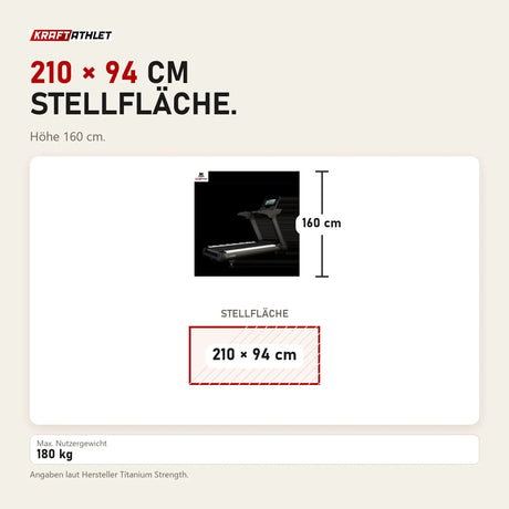 Maßbild Titanium Strength TM2000T Laufband mit 16-Zoll-Touchscreen: Stellfläche 210 × 94 cm, Höhe 160 cm