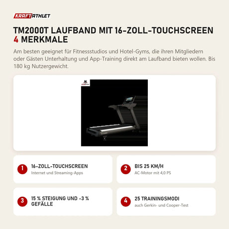 Titanium Strength TM2000T Laufband mit 16-Zoll-Touchscreen mit 4 Merkmalen: 16-Zoll-Touchscreen, Bis 25 km/h, 15 % Steigung und -3 % Gefälle, 25 Trainingsmodi