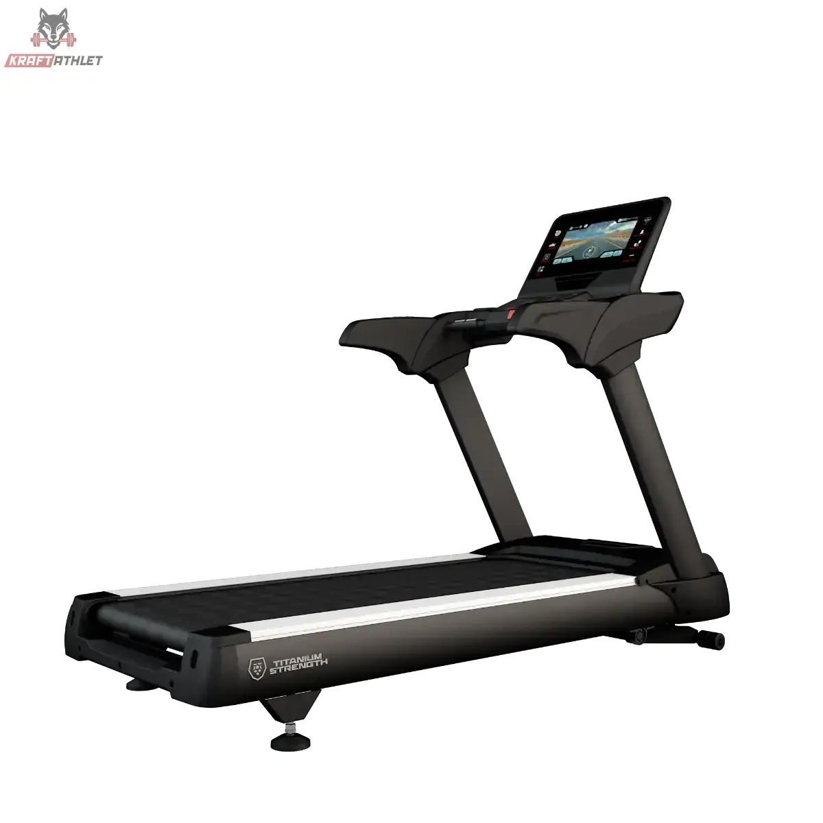 Titanium Strength TM2000T Laufband mit 16-Zoll-Touchscreen in Schwarz, Schrägansicht vor dunklem Hintergrund