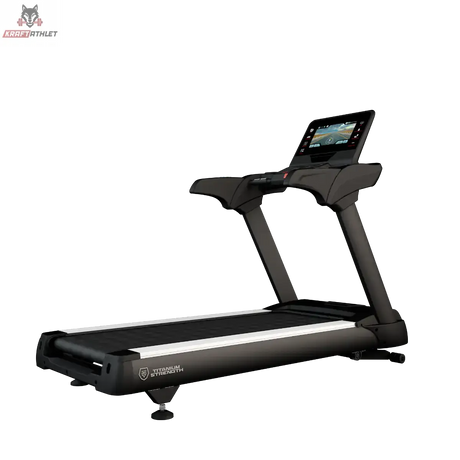 Titanium Strength TM2000T Laufband mit 16-Zoll-Touchscreen in Schwarz, Schrägansicht vor dunklem Hintergrund