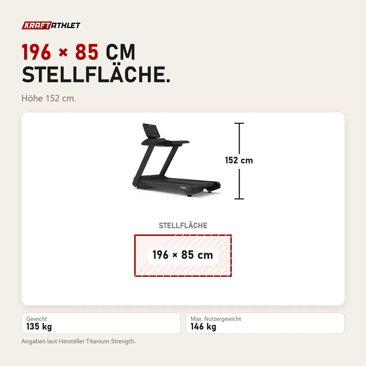 Maßbild Titanium Strength TM700 Laufband Pro Series: Stellfläche 196 × 85 cm, Höhe 152 cm