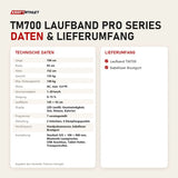 Technische Daten und Lieferumfang von Titanium Strength TM700 Laufband Pro Series als Tabelle