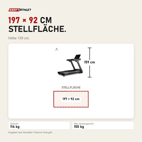 Maßbild Titanium Strength TM900 LCD Laufband Performance Series: Stellfläche 197 × 92 cm, Höhe 159 cm