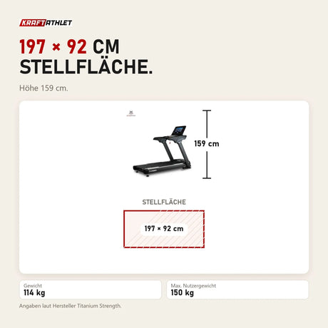 Maßbild Titanium Strength TM900 TFT Laufband mit 16-Zoll-Touchscreen: Stellfläche 197 × 92 cm, Höhe 159 cm