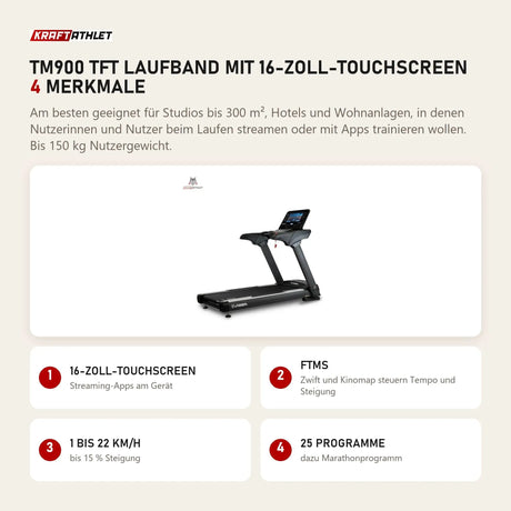 Titanium Strength TM900 TFT Laufband mit 16-Zoll-Touchscreen mit 4 Merkmalen: 16-Zoll-Touchscreen, FTMS, 1 bis 22 km/h, 25 Programme
