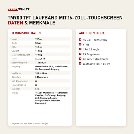 Technische Daten und Merkmale von Titanium Strength TM900 TFT Laufband mit 16-Zoll-Touchscreen als Tabelle