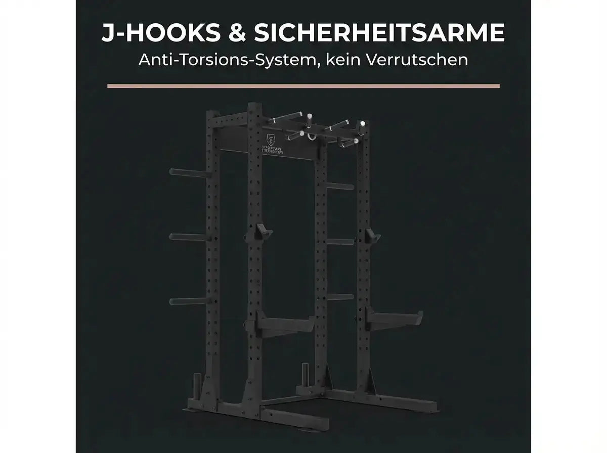 Titanium Strength Half Rack TR60 – Grafik zu J-Hooks und Sicherheitsarmen
