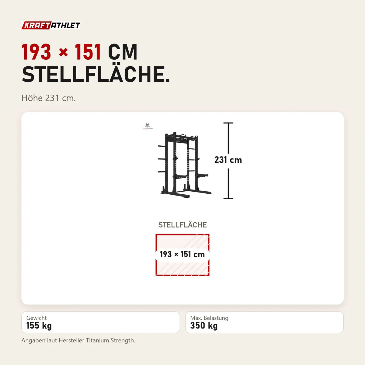 Maßbild Titanium Strength Half Rack TR60: Stellfläche 193 × 151 cm, Höhe 231 cm