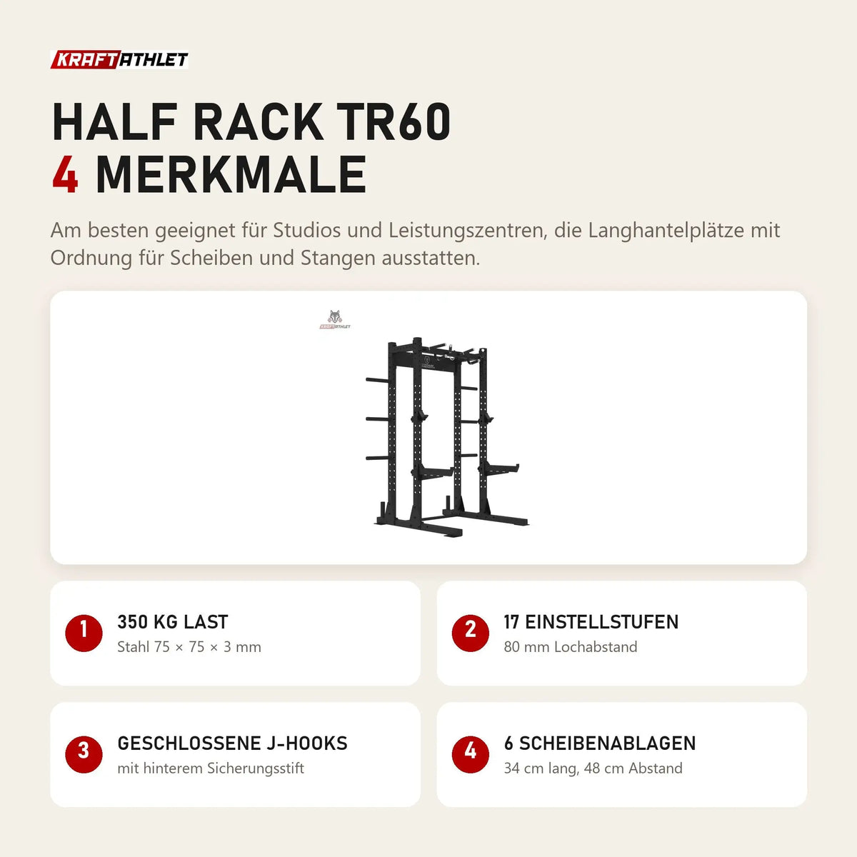 Titanium Strength Half Rack TR60 mit 4 Merkmalen: 350 kg Last, 17 Einstellstufen, Geschlossene J-Hooks, 6 Scheibenablagen