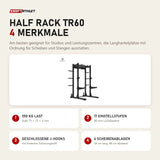Titanium Strength Half Rack TR60 mit 4 Merkmalen: 350 kg Last, 17 Einstellstufen, Geschlossene J-Hooks, 6 Scheibenablagen