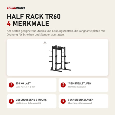 Titanium Strength Half Rack TR60 mit 4 Merkmalen: 350 kg Last, 17 Einstellstufen, Geschlossene J-Hooks, 6 Scheibenablagen
