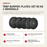 Titanium Strength TRBP Bumper-Plates-Set 80 kg mit 4 Merkmalen: Gummischeiben, Ø 450 mm bei jedem Gewicht, Edelstahl-Zentralring, Hohe Stoß- und Verschleißfestigkeit