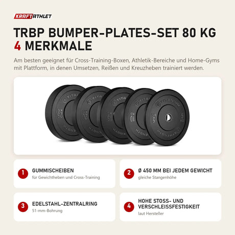 Titanium Strength TRBP Bumper-Plates-Set 80 kg mit 4 Merkmalen: Gummischeiben, Ø 450 mm bei jedem Gewicht, Edelstahl-Zentralring, Hohe Stoß- und Verschleißfestigkeit