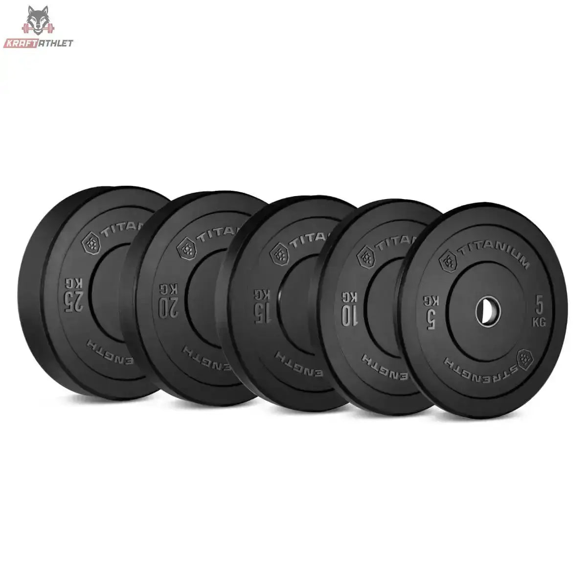 Titanium Strength TRBP Bumper-Plates-Set 80 kg, fünf schwarze Hantelscheiben hintereinander aufgereiht