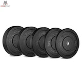 Titanium Strength TRBP Bumper-Plates-Set 80 kg, fünf schwarze Hantelscheiben hintereinander aufgereiht
