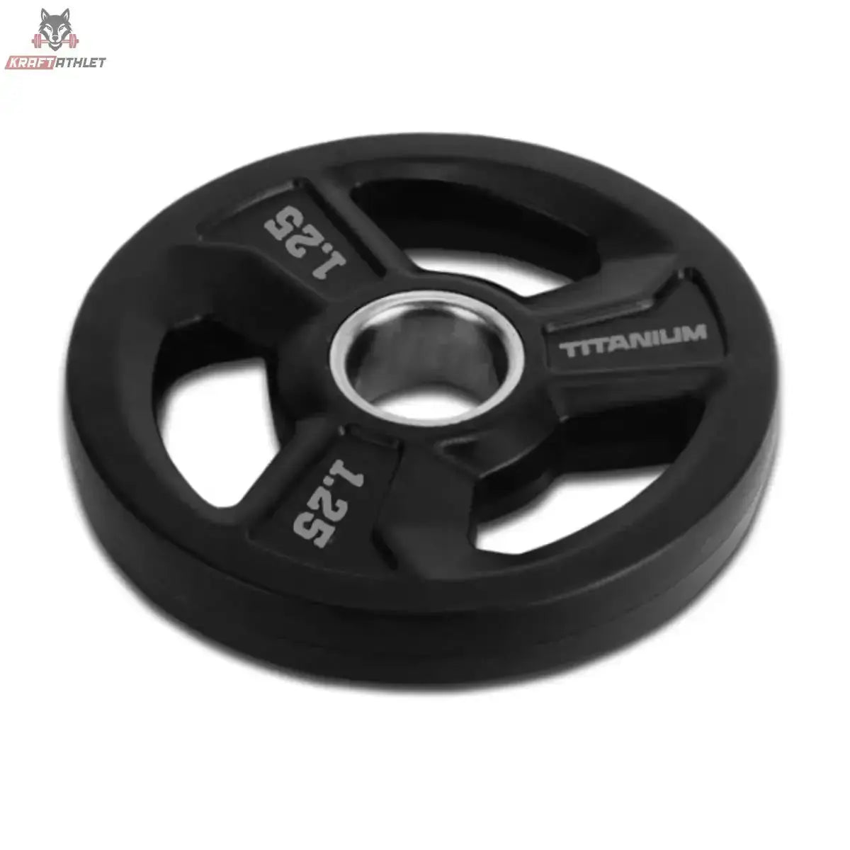 Titanium Strength Tri-Grip Gummischeiben 1,25–25 kg, Detail der 1,25-kg-Scheibe mit drei Griffen und Stahlring