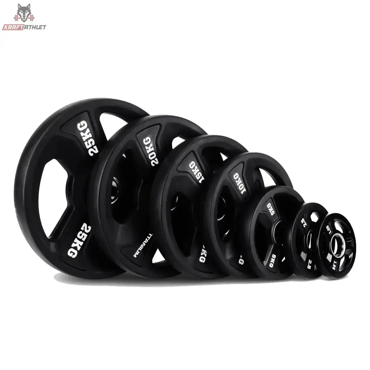 Titanium Strength Tri-Grip Gummischeiben 1,25–25 kg, Reihe schwarzer Scheiben von 25 kg bis 1,25 kg