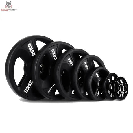 Titanium Strength Tri-Grip Gummischeiben 1,25–25 kg, Reihe schwarzer Scheiben von 25 kg bis 1,25 kg