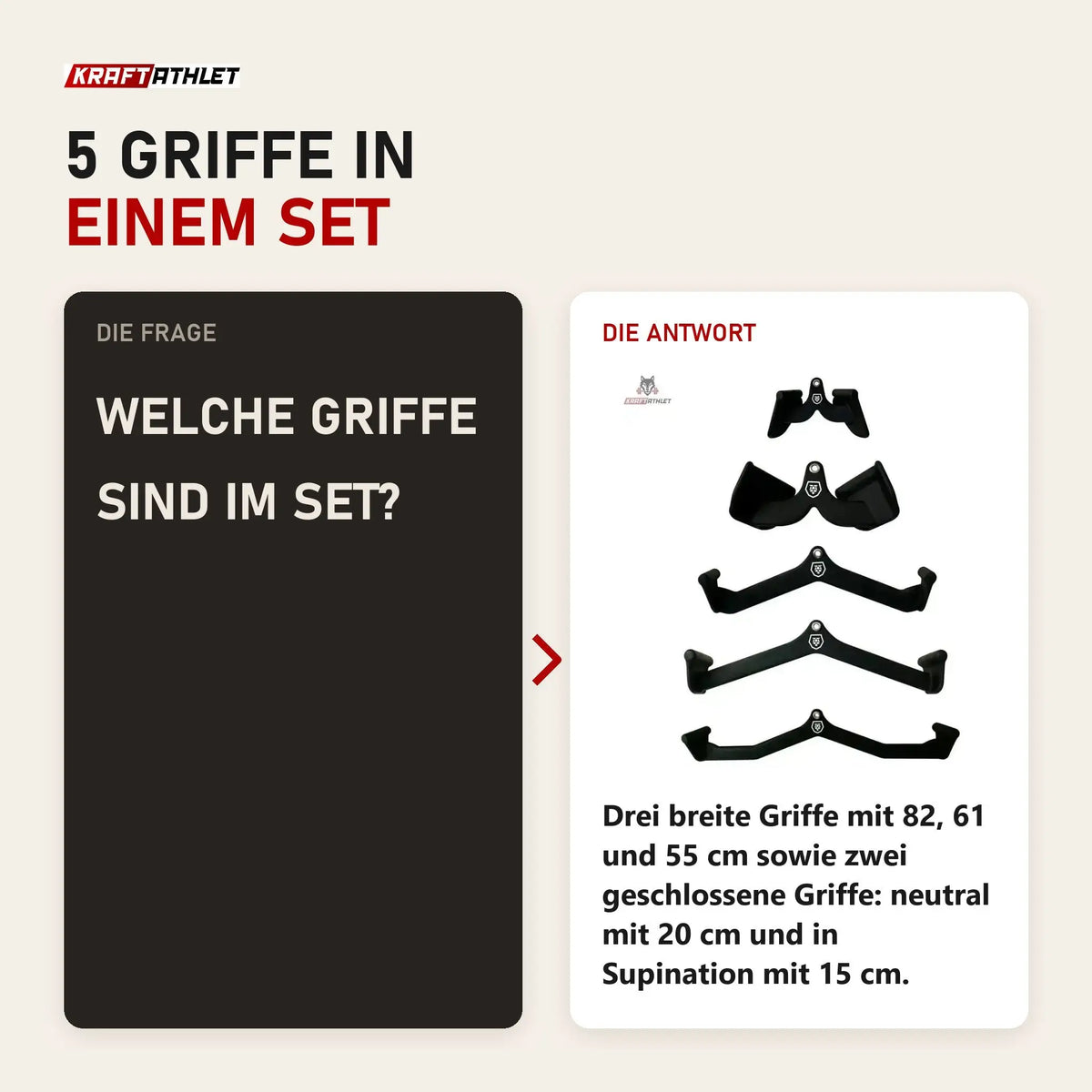 Frage und Antwort zu Titanium Strength TS-GRIPSET Set mit 5 Griffen für Seilzüge: Welche Griffe sind im Set?